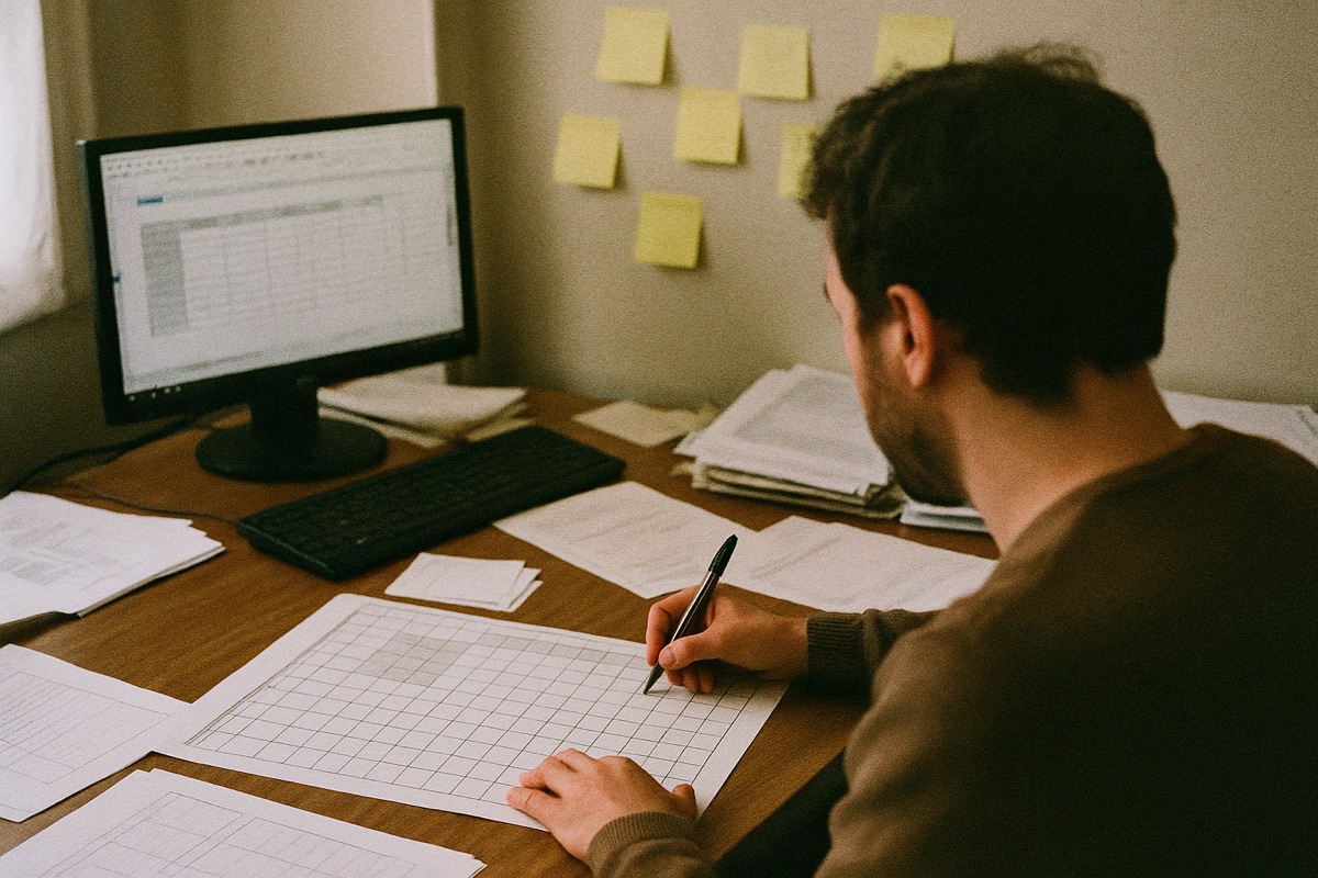 Une responsable construit les plannings à la main, entourée de papiers