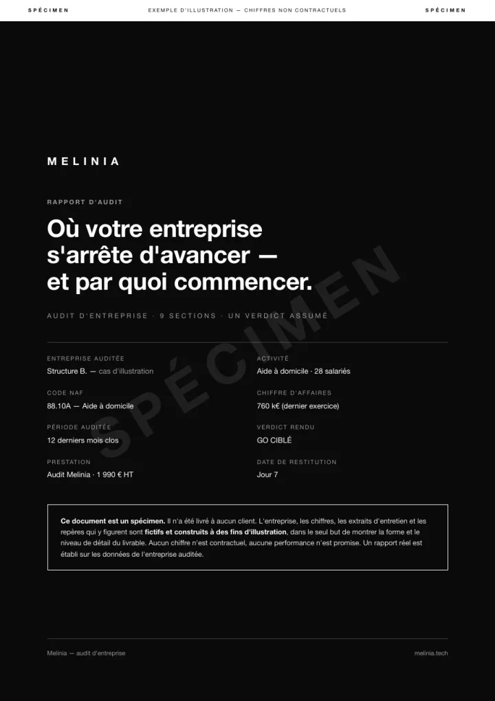 Spécimen — couverture du rapport d’audit Melinia : titre, entreprise auditée, code NAF, verdict rendu